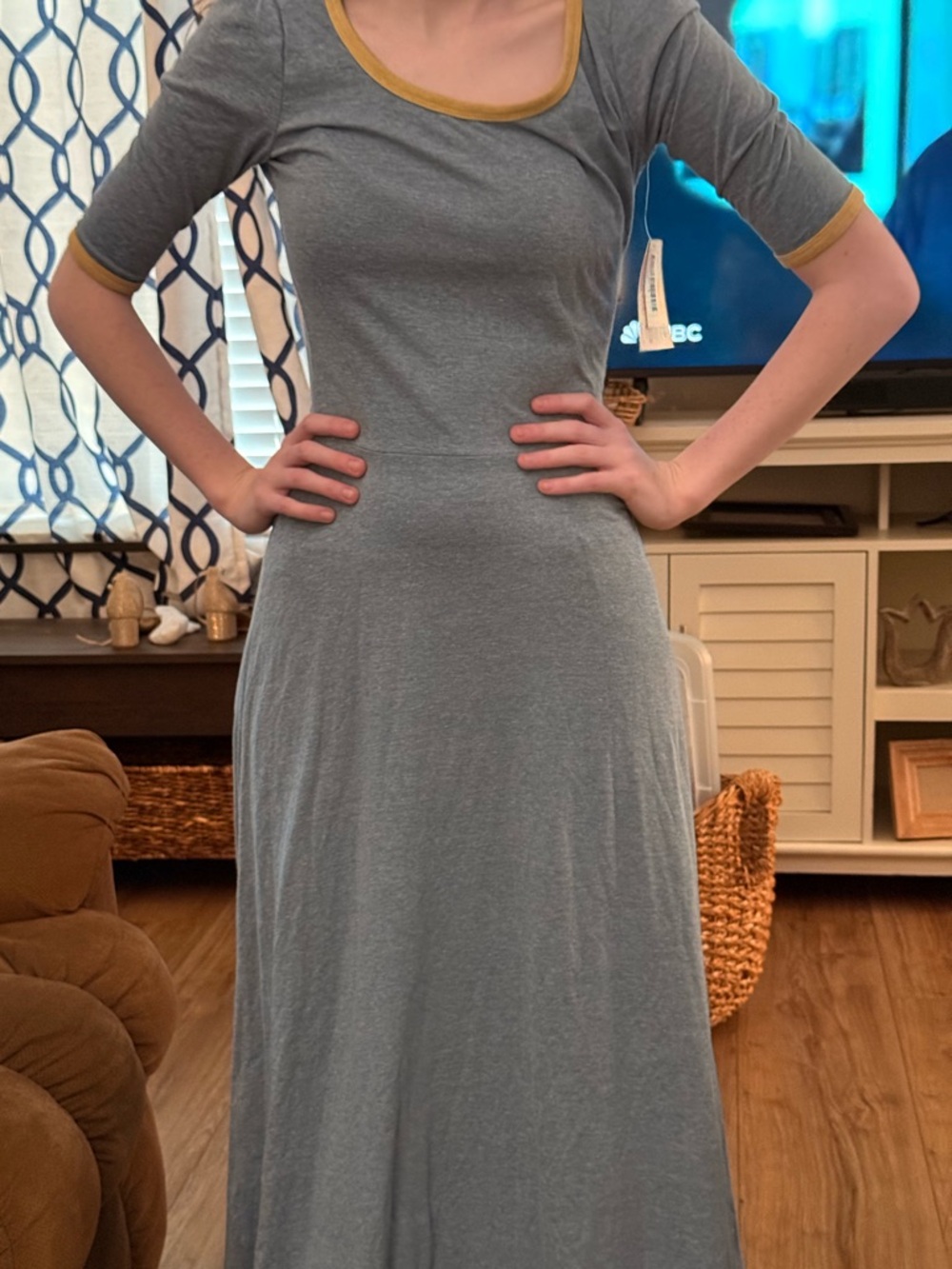 Women's Gray blue Maxi Dress with Mustard Trim - LulaRoe
